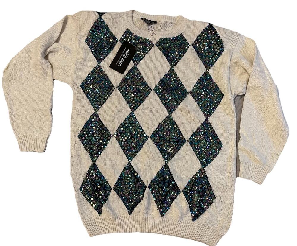 Vtg Sweater 80s Holiday Ashleigh Morgan Sequins Argyle Diamond Quiet Lux NWT L